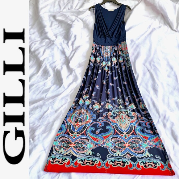 GILLI MAXI DRESS. SLEEVELESS SURPLICE NAVY BLUE + PAISLEY DRESS. LIKE NEW! - Picture 1 of 14